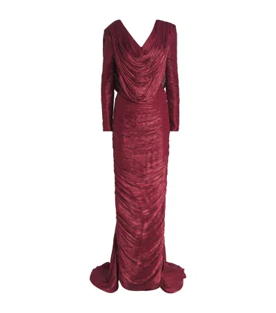 Marmar Halim Ruched V-neck Gown In Burgundy