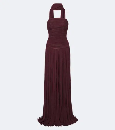 Marmar Halim Scarf-detail Pleated Corset Gown In Burgundy