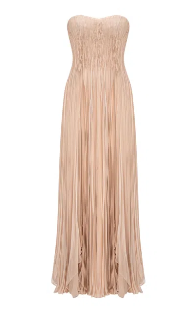 Marmar Halim Shirred Chiffon Strapless Maxi Dress In Neutral