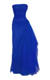 Marmar Halim Side Tail Pleated Tulle Gown In Blue
