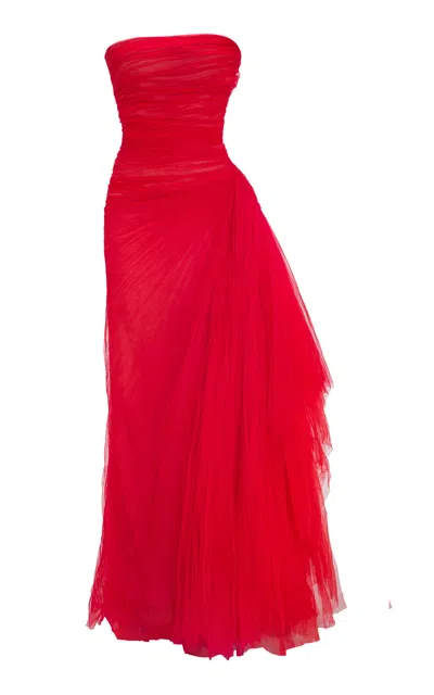 Marmar Halim Side Tail Pleated Tulle Gown In Red