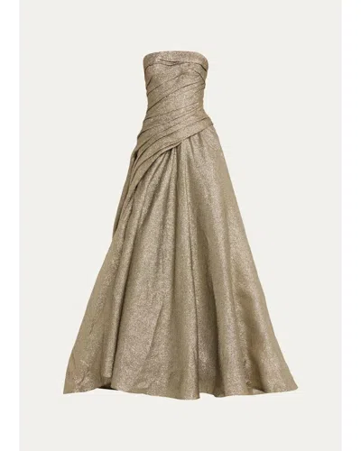 Marmar Halim Strapless Asymmetric Draped Metallic Ball Gown In Green