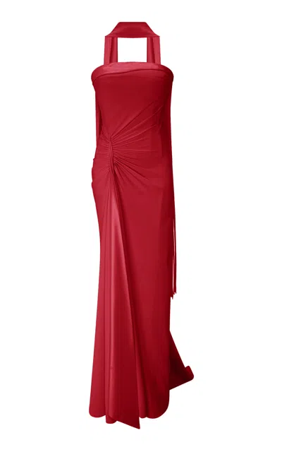 Marmar Halim Strapless Crepe Maxi Dress With Scarf In Red