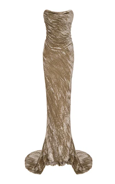 Marmar Halim Strapless Crushed Velvet Gown In Neutral