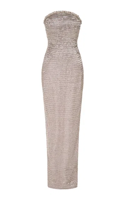 Marmar Halim Strapless Crystal Gown In Silver