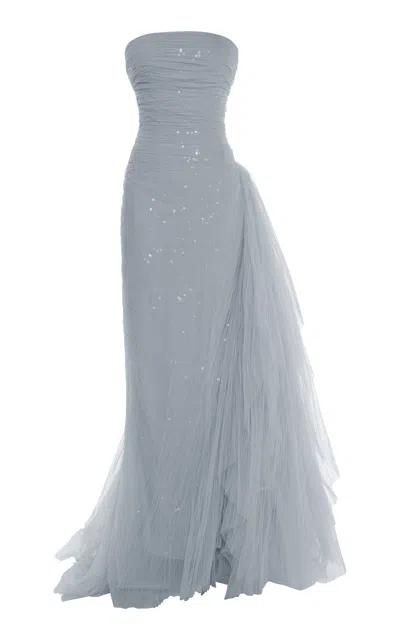 Marmar Halim Strapless Draped Ball Gown In Blue