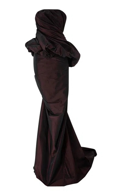 Marmar Halim Strapless Draped Corseted Taffeta Gown In Burgundy