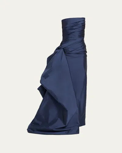 Marmar Halim Strapless Draped Taffeta Column Gown In Navy
