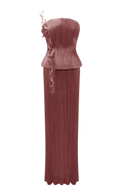 Marmar Halim Strapless Hand-pleated Embroidered Maxi Dress In Burgundy