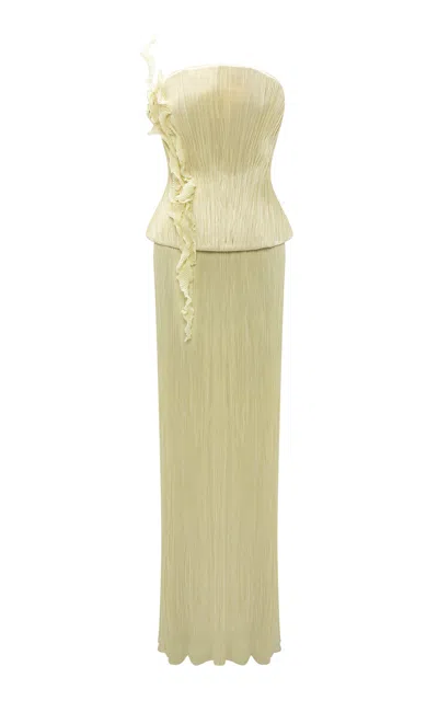 Marmar Halim Strapless Hand-pleated Embroidered Maxi Dress In Yellow