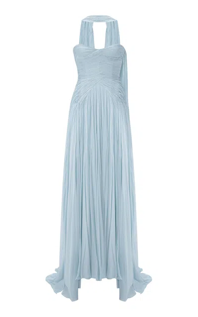Marmar Halim Strapless Hand-pleated Silk Chiffon Gown In Blue