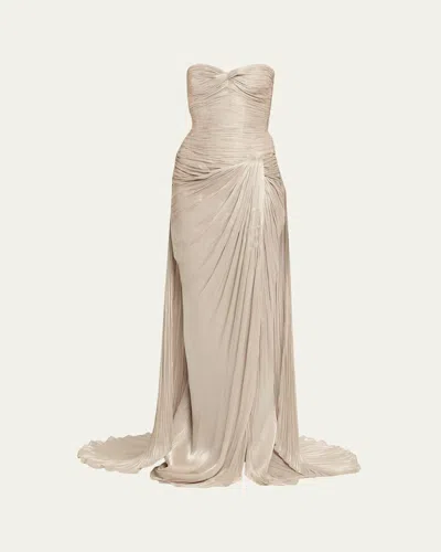 Marmar Halim Strapless Metallic Plisse Draped Slit Gown In Gold