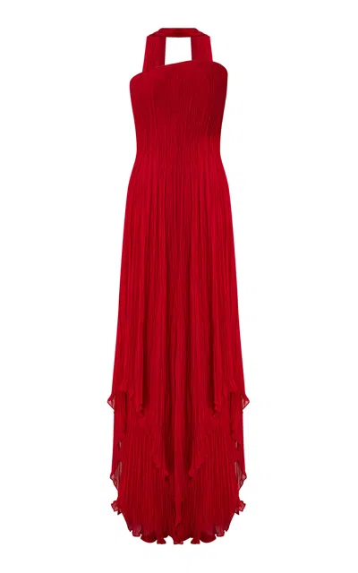 Marmar Halim Strapless Pleated Chiffon Gown With Scarf In Red
