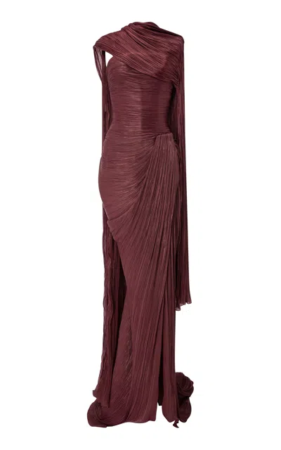 Marmar Halim Strapless Pleated Silk Gown With Cape In Burgundy