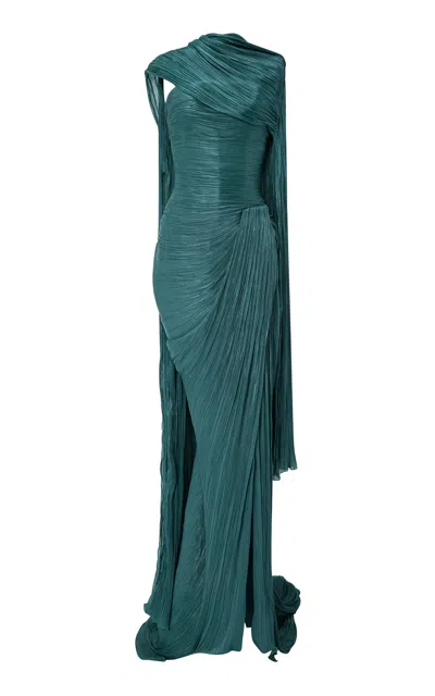 Marmar Halim Strapless Pleated Silk Gown With Cape In Green