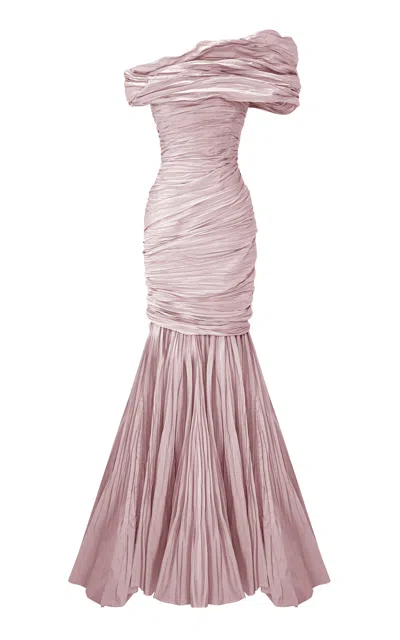 Marmar Halim Strapless Pleated Taffeta Gown With Cape In Pink