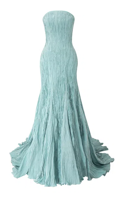 Marmar Halim Strapless Pleated Taffeta Mermaid Dress In Light Blue