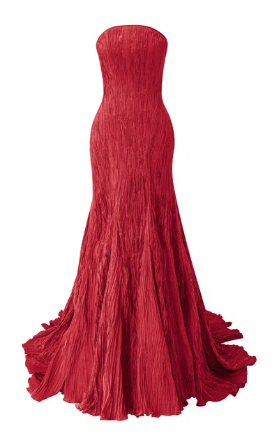 Marmar Halim Strapless Pleated Taffeta Mermaid Dress In Red