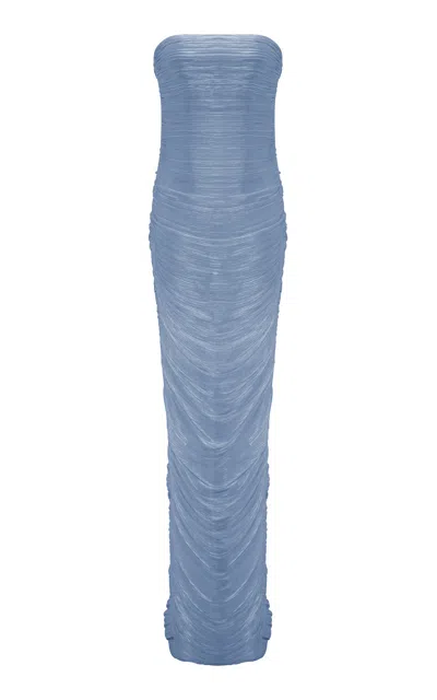 Marmar Halim Strapless Silk Roseya Pleated Dress In Blue