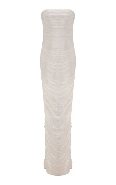 Marmar Halim Strapless Silk Roseya Pleated Dress In White