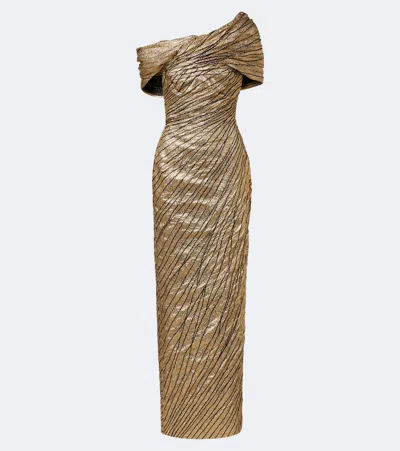 Marmar Halim Striped Asymmetric Brocade Bustier Gown In Brown