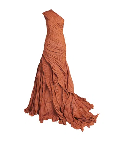 Marmar Halim Tafetta Pleated Strapless Gown In Orange