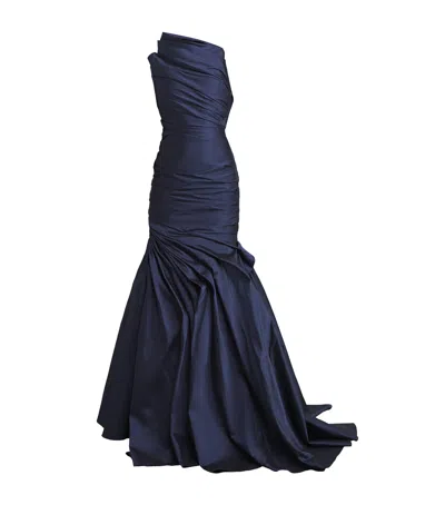 Marmar Halim Taffeta Draped Asymmetric Gown In Blue