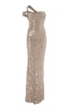 Marmar Halim Twisted Sequined Silk Gown In Tan