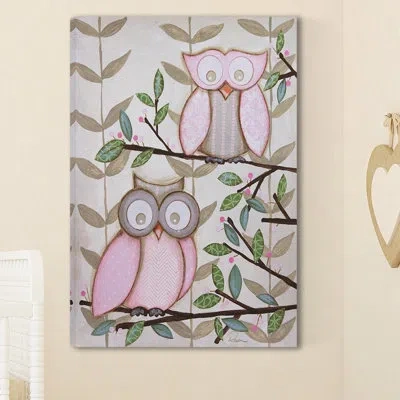 Marmont Hill "2 Pink Owls" By Reesa Qualia Print On Wrapped Canvas In Brown;green;pink