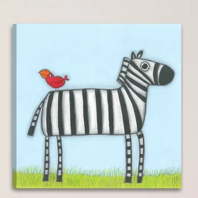 Marmont Hill 'a Zebra With Red Bird' Print On Wrapped Canvas In Blue;black