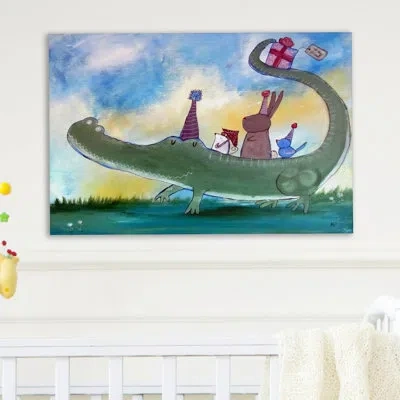 Marmont Hill 'alligator Birthday' By Andrea Doss Painting Print On Wrapped Canvas In Blue;green;red;yellow;pink