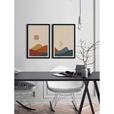 Marmont Hill Autumn Moon Over Hills - 2 Piece Picture Frame Painting Set In Blue;brown;red
