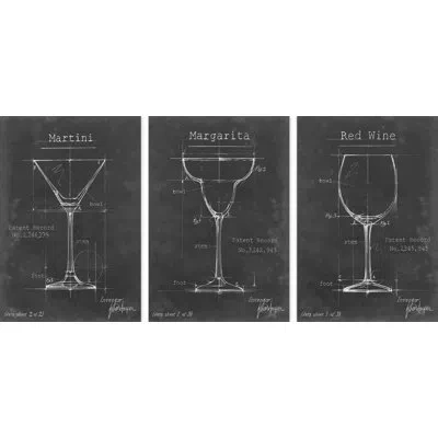 Marmont Hill Barware Blueprint Xi - 3 Piece Wrapped Canvas Drawing Print Set In Black;gray