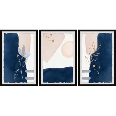 Marmont Hill Beautiful Flower And Shapes - 3 Piece Single Picture Frame Print Set In Blue;pink