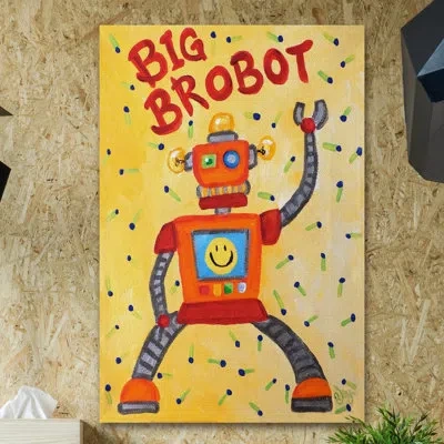 Marmont Hill 'big Brobot' Print On Wrapped Canvas In Gray;red;yellow