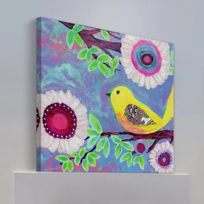 Marmont Hill 'bird On Branch' By Jill Lambert Print On Wrapped Canvas In Blue;beige;yellow