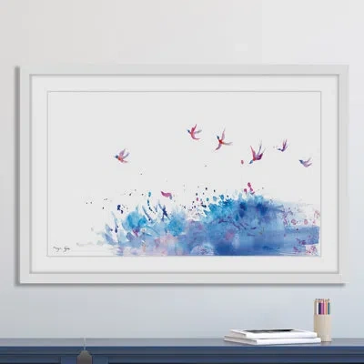 Marmont Hill 'birds Flying Over Sea' By Maya Gur Framed Painting Print In Blue;pink