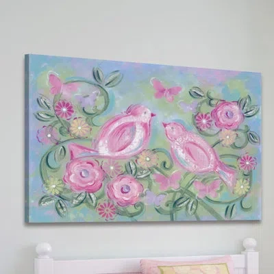 Marmont Hill "birds In Garden" By Reesa Qualia Print On Wrapped Canvas In Green;pink