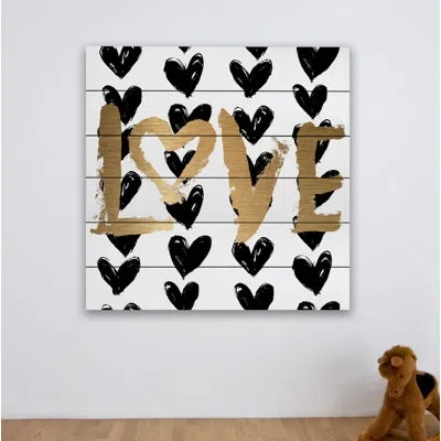 Marmont Hill Black Hearts - Unframed Textual Art Print On Wood In Black;gold