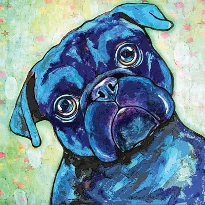 Marmont Hill Black Pug Ii By Stephanie Gerace - Wrapped Canvas Print In Blue;green