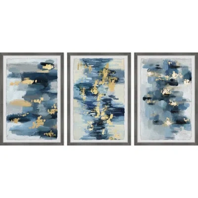Marmont Hill Blue Florals By  - 3 Piece Picture Frame Painting Set In Blue;gray;yellow