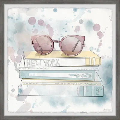Marmont Hill 'book To New York' - Picture Frame Print On Paper In Sky Blue,brown,pink