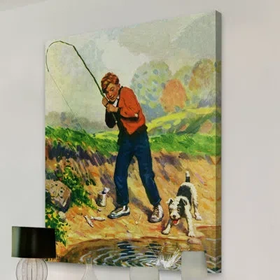 Marmont Hill 'boy Fishes' Painting Print On Wrapped Canvas In Brown;green
