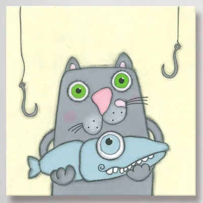Marmont Hill 'cat With Fish' Print On Wrapped Canvas In Blue;gray;yellow