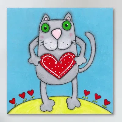 Marmont Hill 'cat With Heart' Print On Wrapped Canvas In Blue;gray;yellow