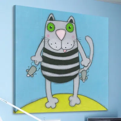 Marmont Hill 'cat With Mice' Print On Wrapped Canvas In Blue;black;yellow
