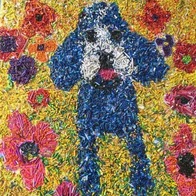 Marmont Hill 'crayon Collage Pup' By Michelle Rivera Painting Print On Wrapped Canvas In Blue;yellow;pink