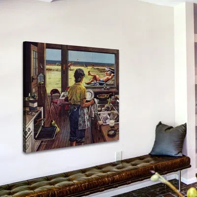 Marmont Hill Doing Dishes At The Beach By Stevan Dohanos Painting Print On Wrapped Canvas In Brown;yellow