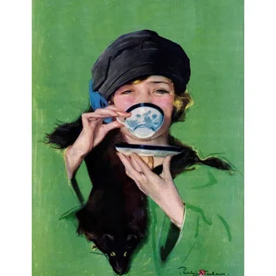 Marmont Hill Elegant Lady Drinking Cup Of Tea Print On Wrapped Canvas In Black;green