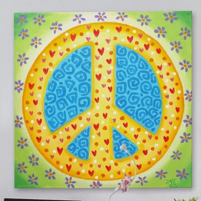 Marmont Hill 'flower Power Peace' Print On Wrapped Canvas In Blue;green;yellow